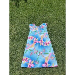 Hilo Hatties Vintage Blue Maxi Dress Floral Rayon Muumuu XL